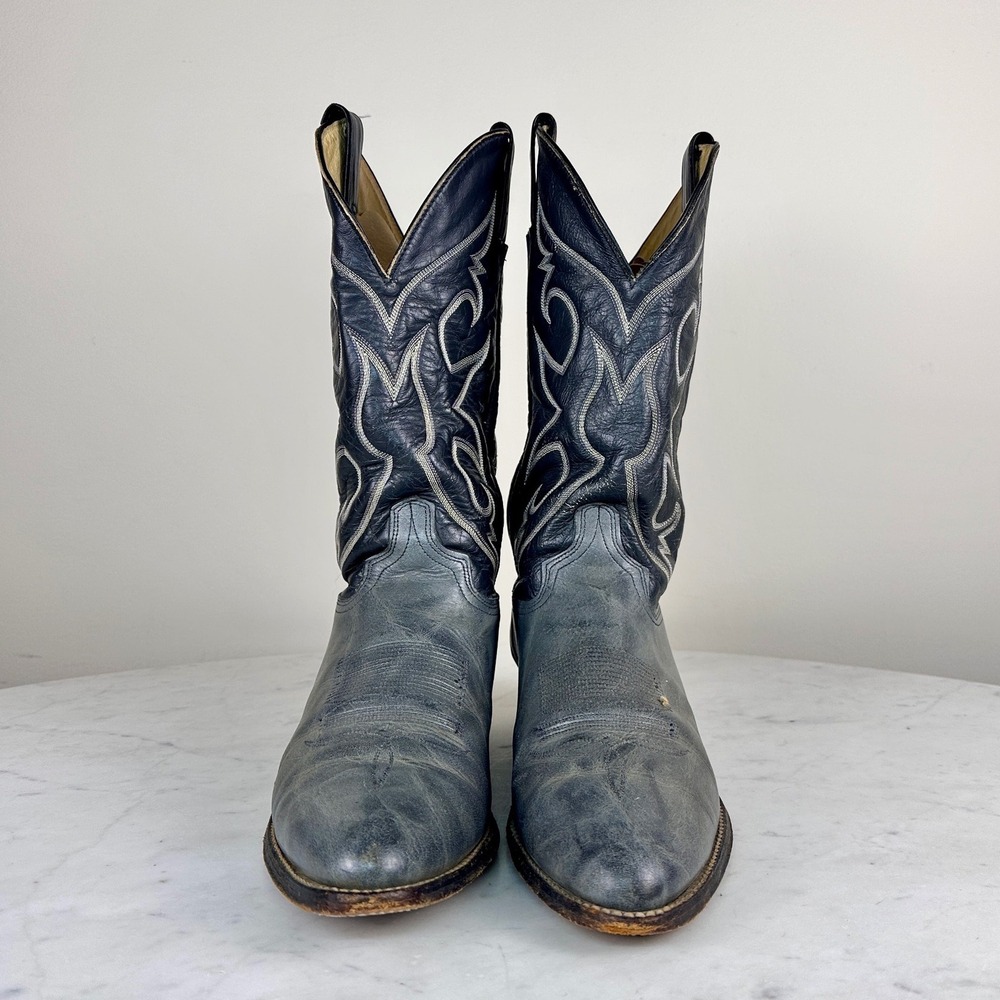 Abilene Cowboy Boots 10 1/2D Blue Black Leather Good Embroidered Western Scroll